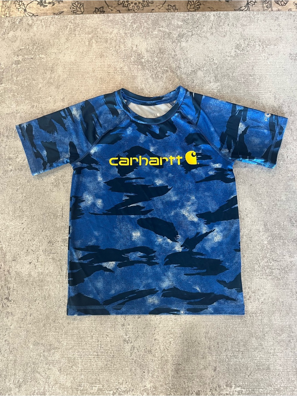 Carhartt Kids Blue Camo shirt with Yellow Logo